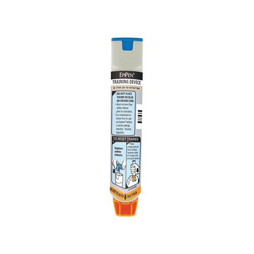 EpiPen auto-injector training device with blue safety cap and orange tip