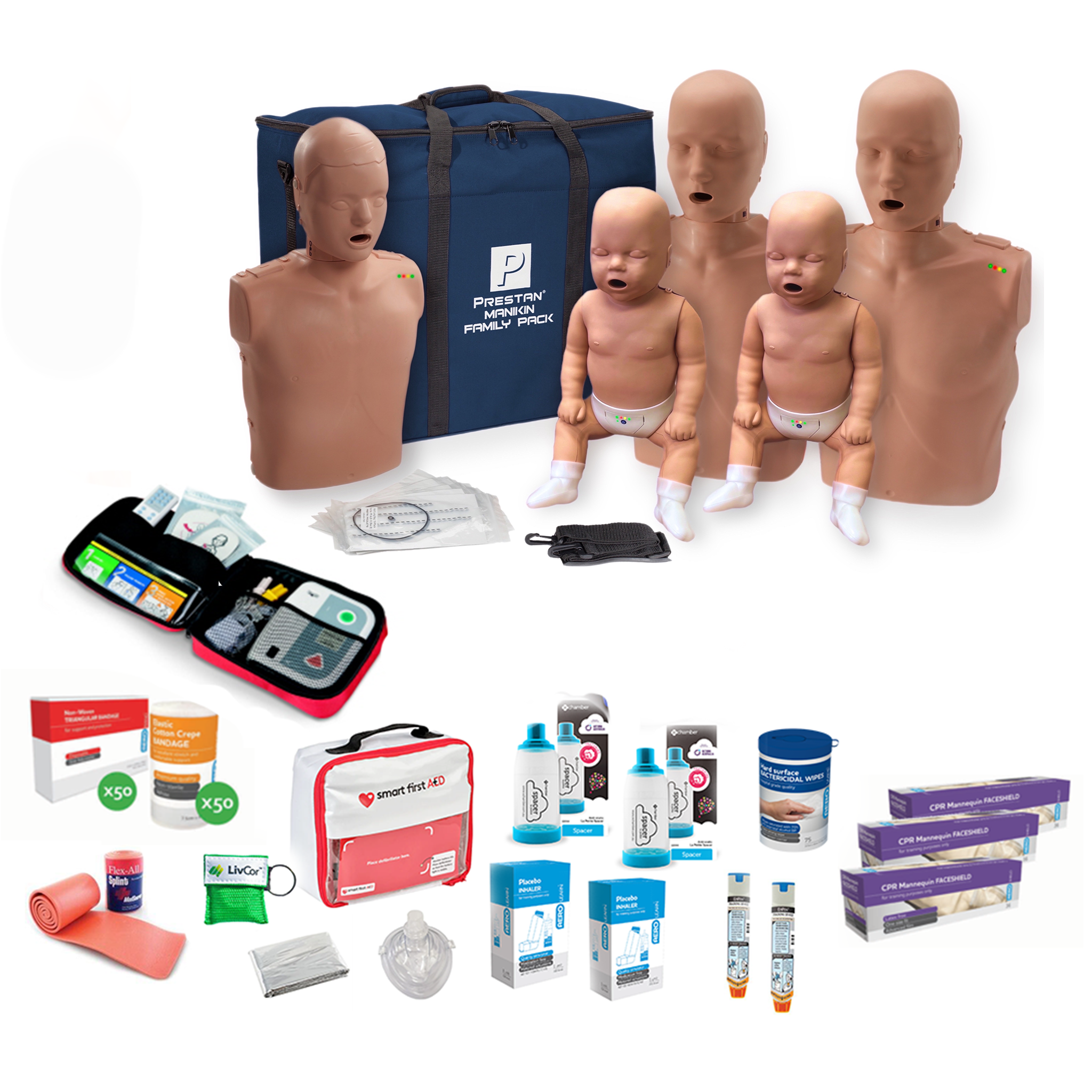 PRESTAN Professional CPR / First Aid Trainer Starter Kit | Family Pack, Dark Skin | Prestan | Available from LivCor Australia