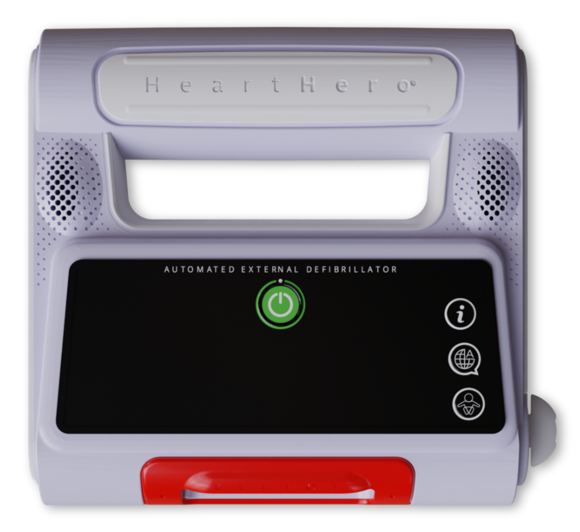 Elliot AED front panel showing display, status light and red activation handle