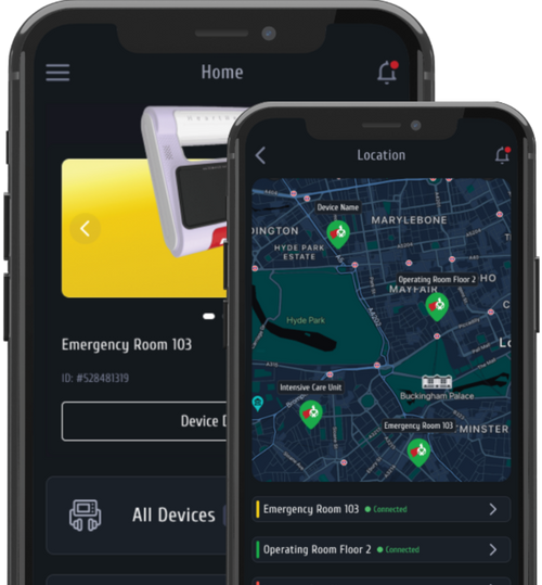 HeartHero app showing Elliot AED battery status, pad condition and connection status