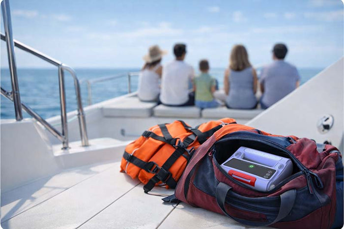 Elliot AED packed in a bag on a boat deck