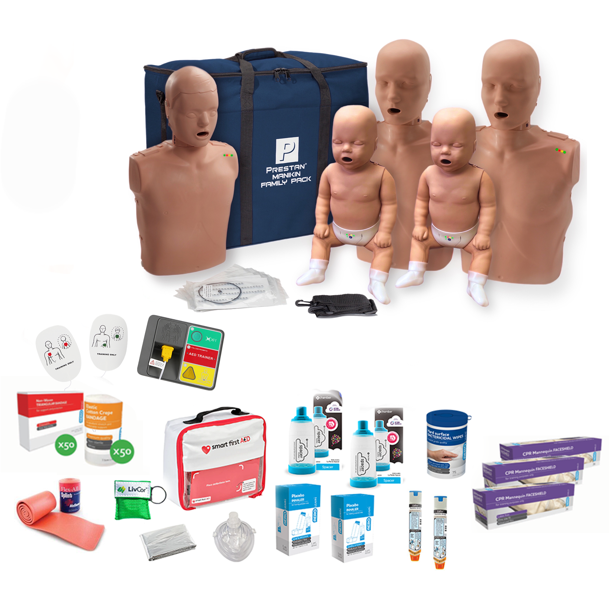 PRESTAN Professional CPR / First Aid Trainer Starter Kit | Family Pack, Dark Skin | Prestan | Available from LivCor Australia